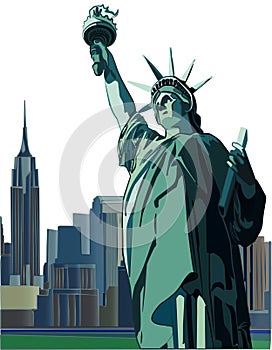Statue of Liberty and New York City skyline, vector illustration