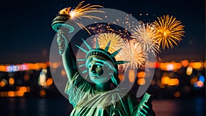 Statue of Liberty, night, fireworks independence holiday celebrate