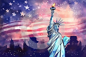 Statue of Liberty at night sky with fireworks and USA Flag, 4th of July independence day celebration, Watercolor style