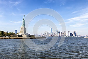 The Statue of Liberty over Manhattan Skyline