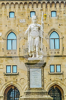 Statue of liberty situated in front of the the Palazzo Pubblico & x28;Public Palace& x29; in San Marino...IMAGE