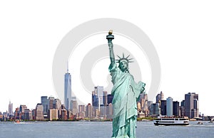 Statue of Liberty, Skyline of New York City isolated on white ba