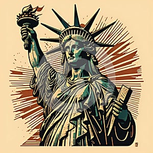 Statue of Liberty in the style of a woodblock print