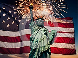 The Statue of Liberty is surrounded by fireworks in the sky