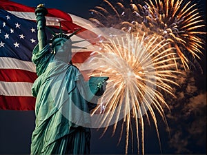 The Statue of Liberty is surrounded by fireworks in the sky