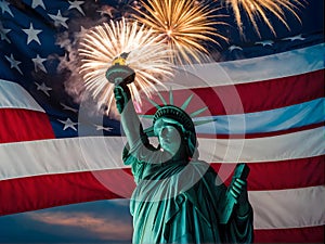 The Statue of Liberty is surrounded by fireworks in the sky