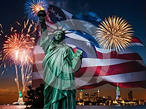 The Statue of Liberty is surrounded by fireworks in the sky