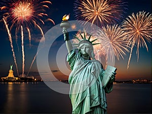 The Statue of Liberty is surrounded by fireworks in the sky