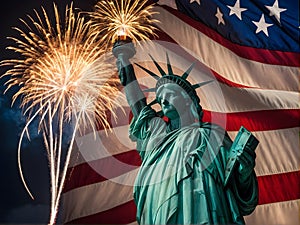 The Statue of Liberty is surrounded by fireworks in the sky