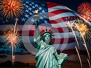 The Statue of Liberty is surrounded by fireworks in the sky