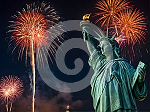 The Statue of Liberty is surrounded by fireworks in the sky