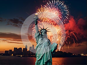 The Statue of Liberty is surrounded by fireworks in the sky