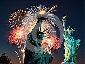 The Statue of Liberty is surrounded by fireworks in the sky