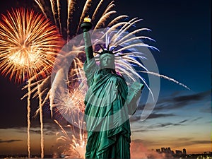 The Statue of Liberty is surrounded by fireworks in the sky