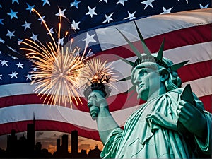 The Statue of Liberty is surrounded by fireworks in the sky