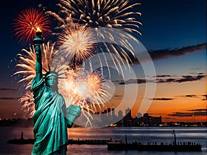 The Statue of Liberty is surrounded by fireworks in the sky