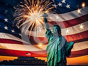 The Statue of Liberty is surrounded by fireworks in the sky