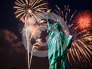 The Statue of Liberty is surrounded by fireworks in the sky