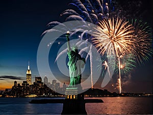 The Statue of Liberty is surrounded by fireworks in the sky