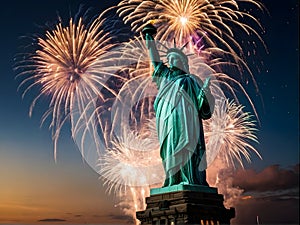 The Statue of Liberty is surrounded by fireworks in the sky