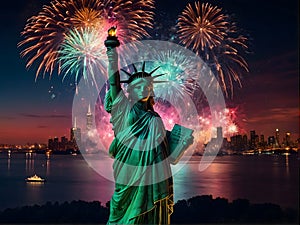 The Statue of Liberty is surrounded by fireworks in the sky