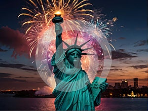 The Statue of Liberty is surrounded by fireworks in the sky