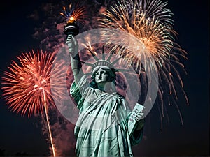 The Statue of Liberty is surrounded by fireworks in the sky