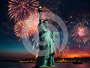 The Statue of Liberty is surrounded by fireworks in the sky