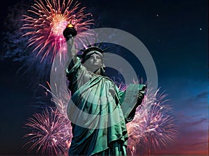 The Statue of Liberty is surrounded by fireworks in the sky