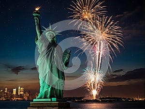 The Statue of Liberty is surrounded by fireworks in the sky