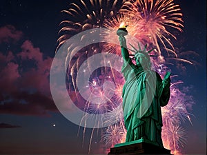 The Statue of Liberty is surrounded by fireworks in the sky