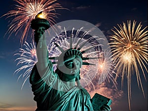 The Statue of Liberty is surrounded by fireworks in the sky