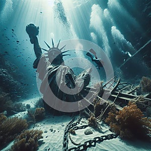 The Statue Of Liberty underwater lying on sea bed sand. Fallen Liberty