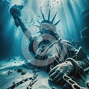 The Statue Of Liberty underwater lying on sea bed sand. Fallen Liberty