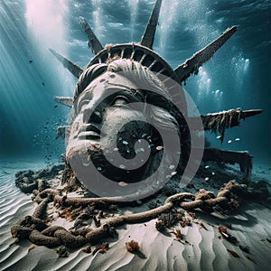 The Statue Of Liberty underwater lying on sea bed sand. Fallen Liberty