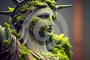 The Statue of Liberty will grow moss restored ecosystem on a planet with environment in balance 3D background