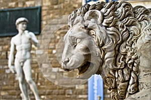 Statue of a lion at the Loggia dei Lanzi in Piazza della Signoria in Florence photo