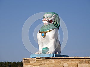 Statue of a lion on the territory of the datsan. Ulan-Ude. Buryatia.