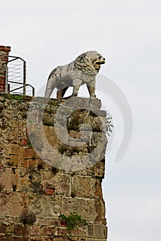 Statue of Lion by Tower on Mura di Pisa, Piazza del Duomo , Pisa, Tuscany, Italy