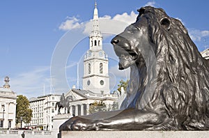 Statue of a lion in Trafalgar Square in London