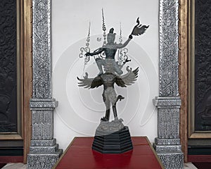 Statue of Lord Vishnu on the shoulders of Garuda at the Buddhist Center of Dallas, Texas.