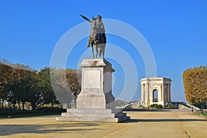 Statue of Louis XIV on horseback with ornament plant & bassin principal du Peyrou at Promenade du Peyrou in Montpellier, France