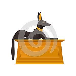 Statue of lying Anubis on golden pedestal, side view. Black-coated wolf or jackal with gold necklace. Flat vector icon