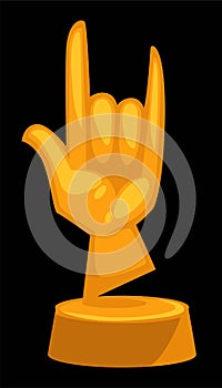 Statue made of shiny gold in shape of hardcore gesture on round stand isolated cartoon flat vector illustration on white