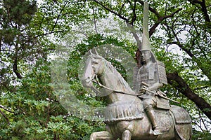 Statue of Maeda Toshinaga 1562-1614 at Takaoka castle Park in Takaoka, Toyama, Japan. He was a