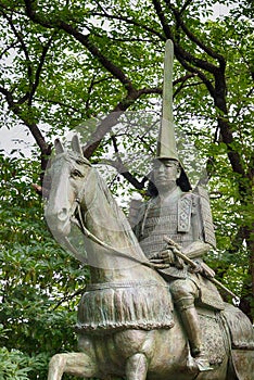 Statue of Maeda Toshinaga 1562-1614 at Takaoka castle Park in Takaoka, Toyama, Japan. He was a