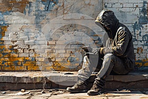 Statue of Man with Tablet in Urban Decay.