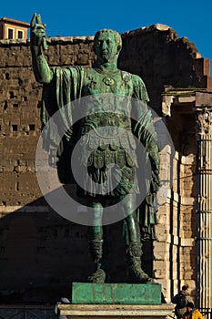 Statue of Marco Coceyo Nerva in brass, street Via dei Fori Imperiali. Rome, Italy