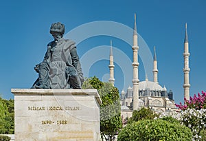 Statue of Master Ottoman Architect Sinan and his finest mosque Selimiye