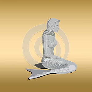 Statue of Mermaid girl with tail and shadow on gold background.